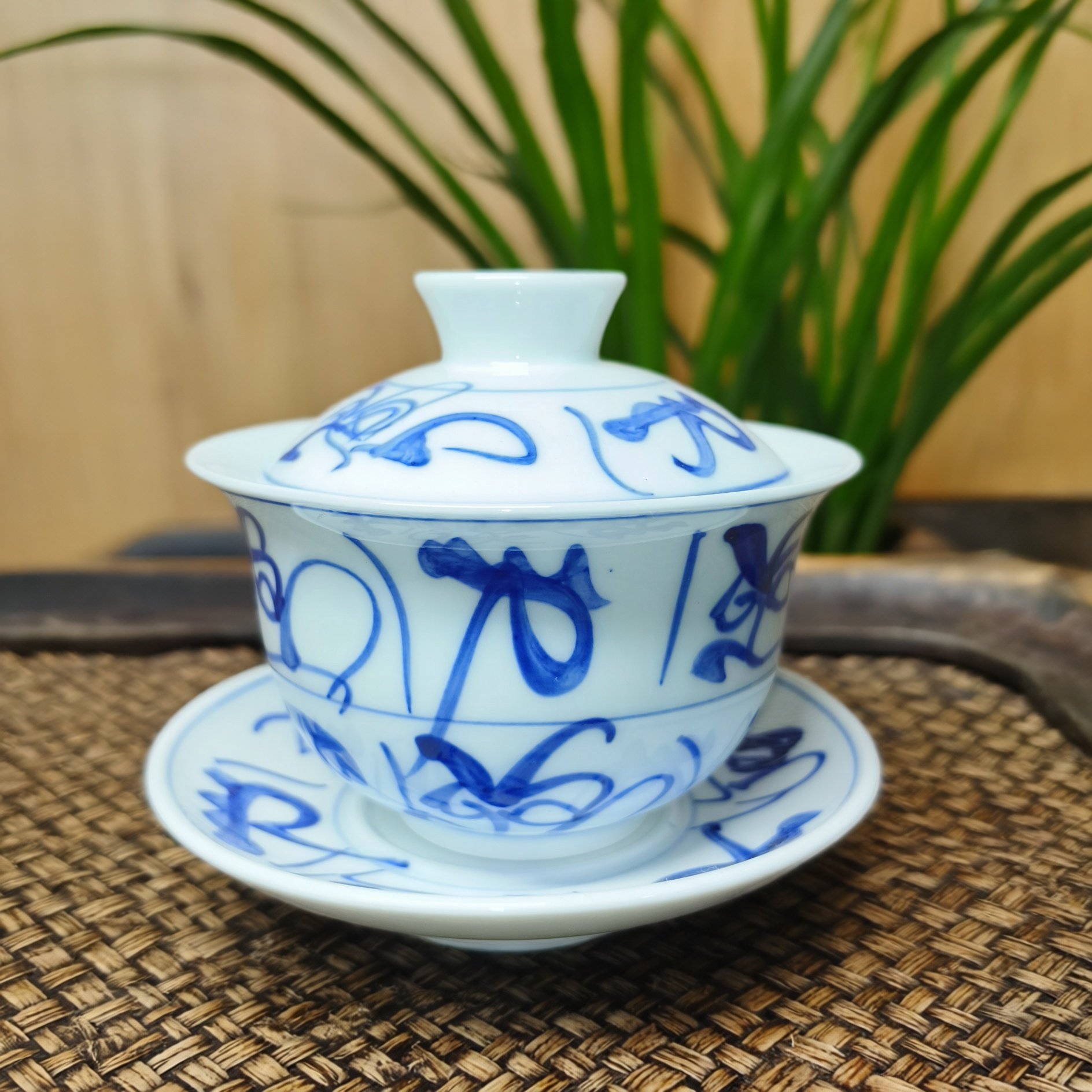 景德镇厂货瓷/景德古窑手绘老茶花（青花刀字纹）盖碗茶杯/三才碗