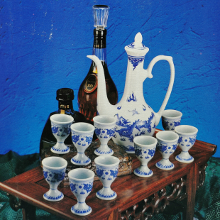 包老 原矿料高温釉下彩青花双龙戏珠11头酒具 景德镇5678老厂瓷