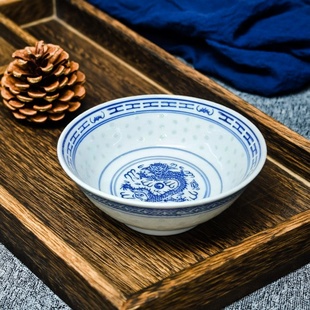 景德镇厂货瓷/原矿料不烫手高温釉下彩青花玲珑龙芯6英寸小面碗