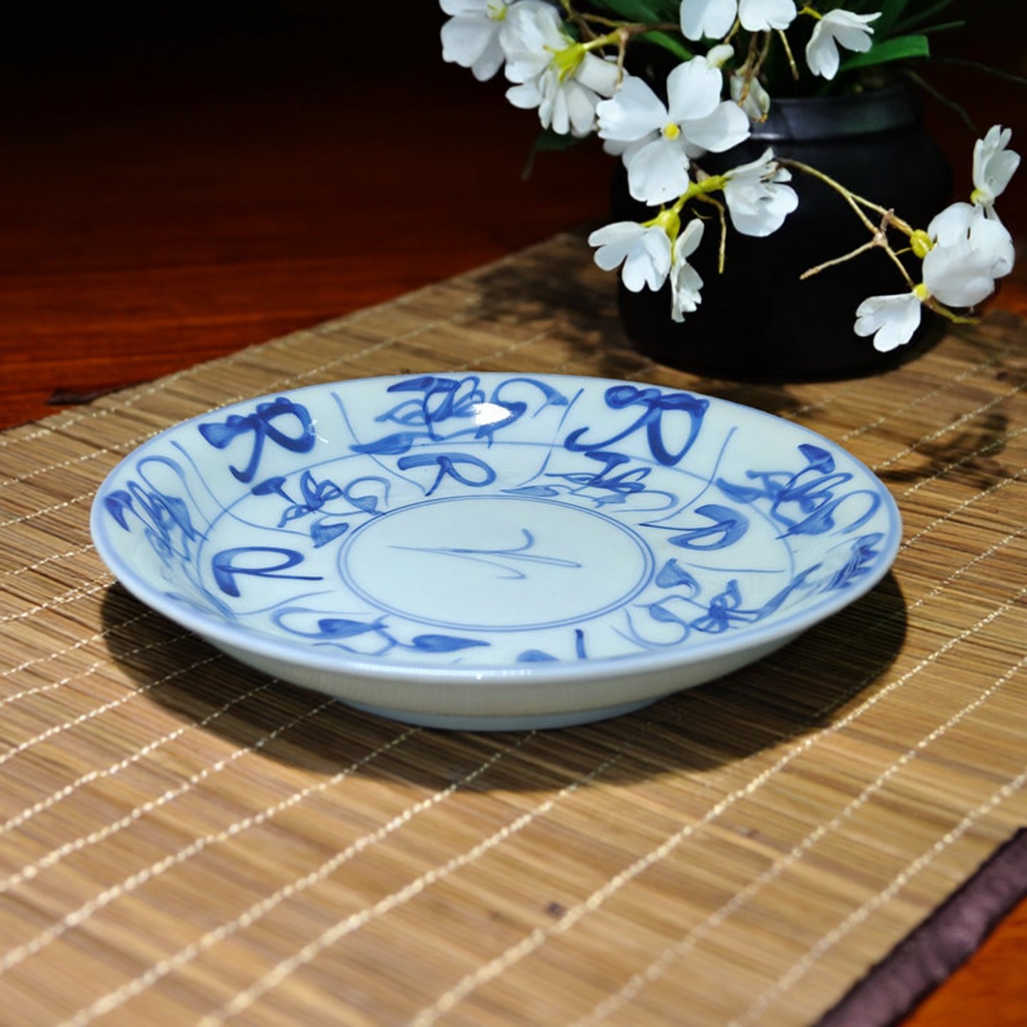 景德镇厂货瓷/景德古窑手绘青花釉下彩刀字纹老茶花深呙盘/壶承