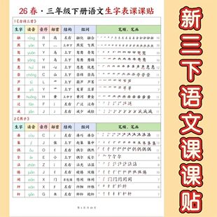 26春新三下语文写字表课课贴生字笔画笔顺部首结构预习