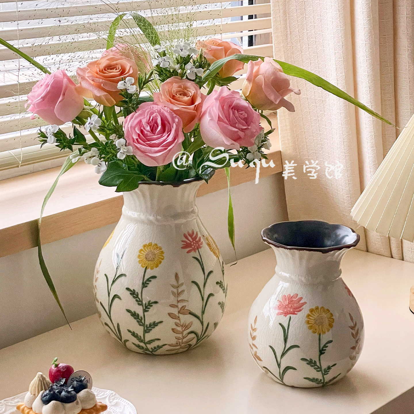 复古田园风陶瓷花瓶手工花卉图案桌面装饰摆件水养鲜花玫瑰高级感