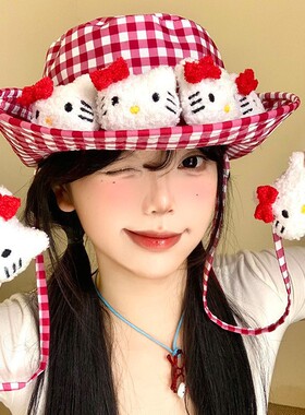 日系可爱kitty猫防晒渔夫帽女卡通y2k亚文化遮阳帽户外透气太阳帽
