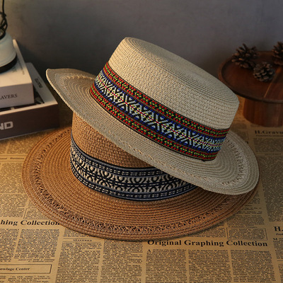 波西米亚民族风海边沙滩遮阳草帽女夏季出游防晒百搭平顶宽檐礼帽