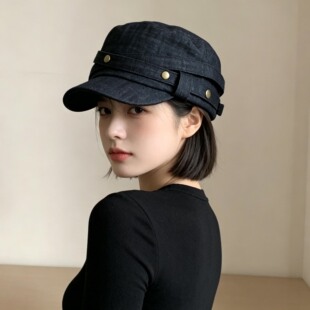 韩系复古黑色牛仔马术帽秋季帽子女款百搭报童帽鸭舌帽文艺贝雷帽