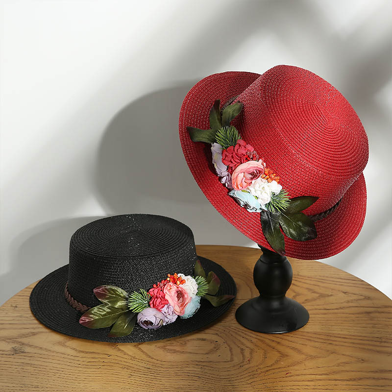 小檐平顶草帽女式夏季户外拍照花朵礼帽海边度假沙滩帽防晒遮阳帽