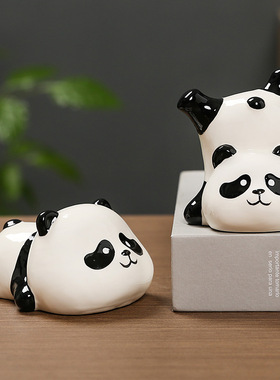 卡通陶瓷熊猫小摆件国潮小动物玄关客厅桌面装饰家居呆萌可爱摆设