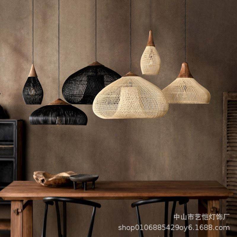 日式侘寂风复古客厅餐厅民宿茶室禅意中式饭店火锅店藤编木艺吊灯
