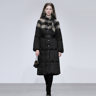 2025冬季新款气质优雅立领自带领巾连肩袖面料拼接灯笼袖羽绒服女