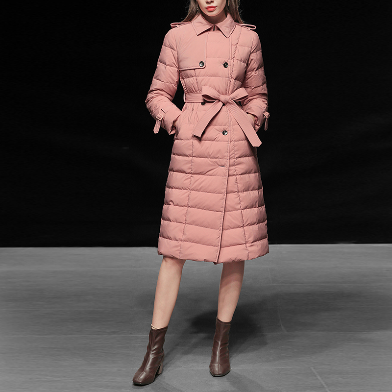 2015新款冬装气质翻领肩章双排扣长袖腰带袖带收腰修身长款羽绒服