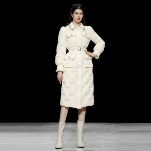 冬季2025新款女装米色泡泡袖中长款白鸭绒羽绒服加厚收腰过膝外套