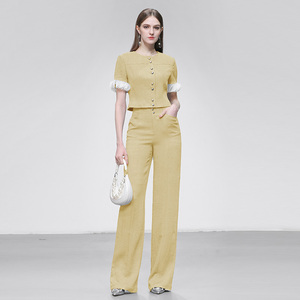 2025夏季新款时尚小香风修身短袖上衣+高腰长裤窄版阔腿裤套装女
