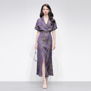 2026夏季新款女装天丝牛仔提花收腰鱼尾气质优雅西装领连衣裙