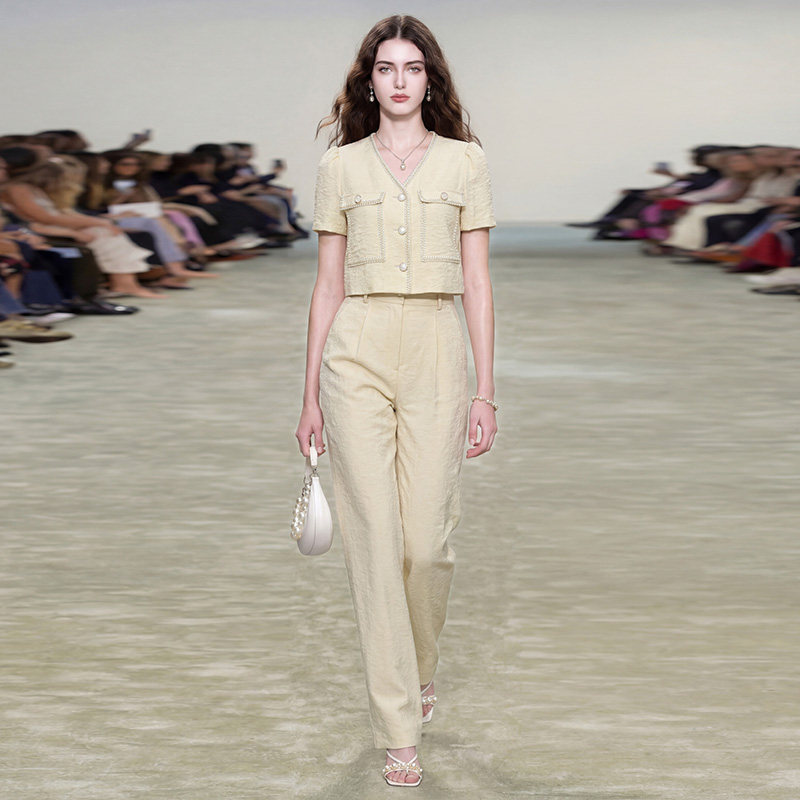 2026夏季新款小香气质V领泡泡袖贴袋设计上衣+高腰窄版阔腿裤套装