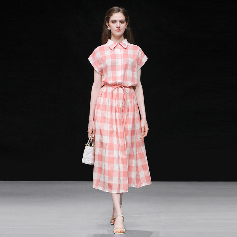 2025夏季新款甜美气质撞粉白格子衬衫高腰A字大摆长款半裙套装潮,女装/女士精品,时尚套装,淘宝优惠券,粉丝福利购,淘宝优惠卷