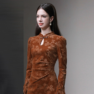 立领水滴镂空喇叭袖 新中式 收腰直筒印花连衣裙 新款 2025年冬季