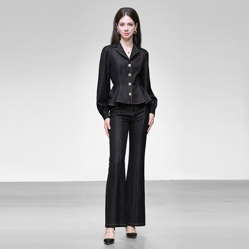 2026春季新款时尚复古修身荷叶边牛仔上衣外套+显瘦微喇长裤套装