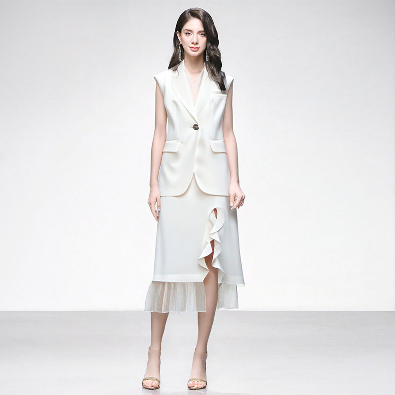 2026新款时尚气质百搭西装马甲外套+高腰开衩荷叶边直筒半裙套装