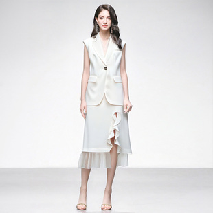 2026新款时尚气质百搭西装马甲外套+高腰开衩荷叶边直筒半裙套装