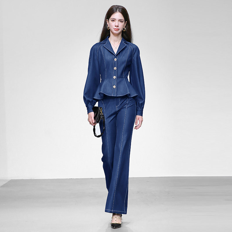 2026春季新款时尚复古修身荷叶边牛仔上衣外套+显瘦微喇长裤套装