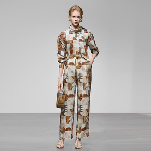 2026春季新款时尚法式度假风飘带领衬衣高腰显瘦长裤亚麻印花套装