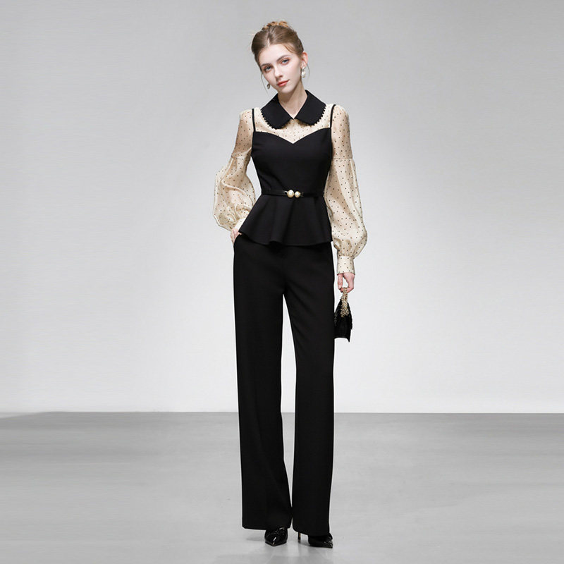 2026春季新款法式撞色翻领波点欧根纱荷叶边上衣+高腰长裤套装