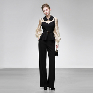 2026春季新款法式撞色翻领波点欧根纱荷叶边上衣+高腰长裤套装