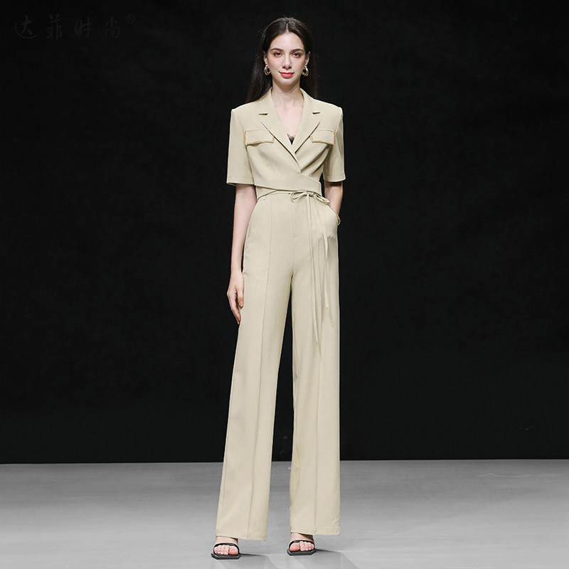 2026夏季新款时尚轻奢设计感系带西装短外套+显瘦窄版阔腿裤套装