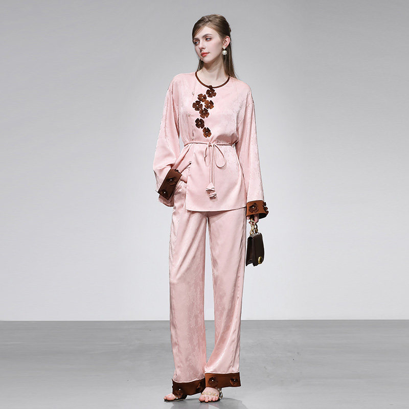 2026春季新款复古国风提花立体花撞色衬衣+高腰阔腿裤长裤套装女