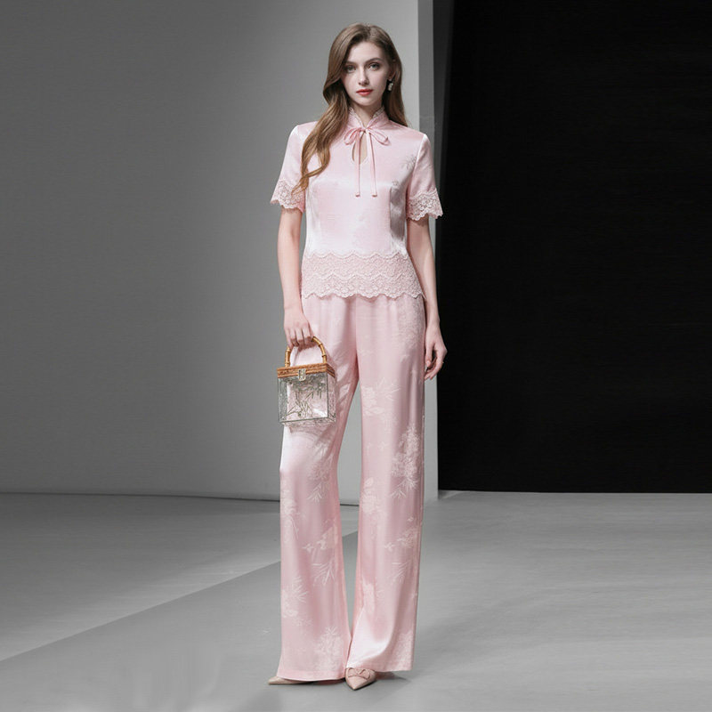 2026夏新款新中式国风提花灯笼袖上衣+高腰阔腿人丝提花长裤套装
