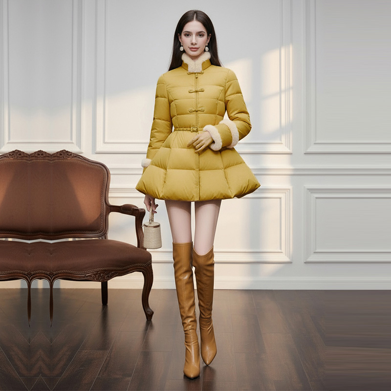 2025年冬季新款高领长袖收腰A字中长款三防羽绒服外套