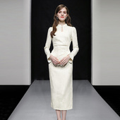 2025春季 提花缎面气质裙 连衣裙立领喇叭袖 新款 复古淑女旗袍修身