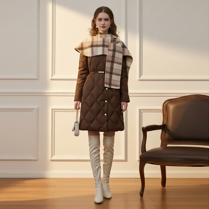 2025冬季新款气质优雅撞色格子披肩围巾立领收腰A字中长款羽绒服