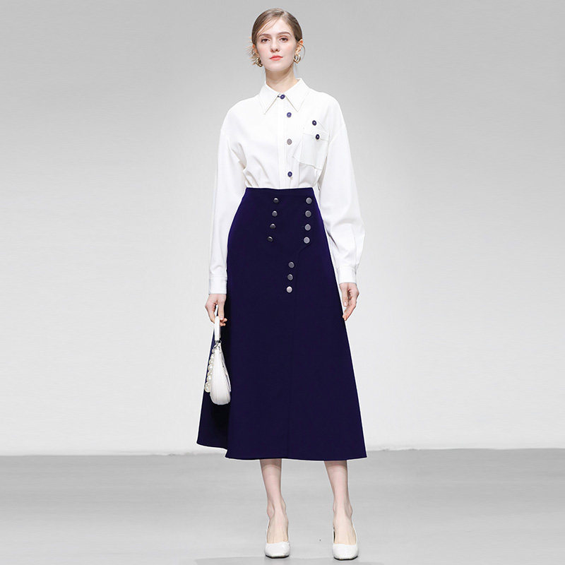 2025春季新款时尚百搭撞色纽扣宽松版白衬衣+高腰显瘦A字半裙套装,女装/女士精品,时尚套装,淘宝优惠券,粉丝福利购,淘宝优惠卷