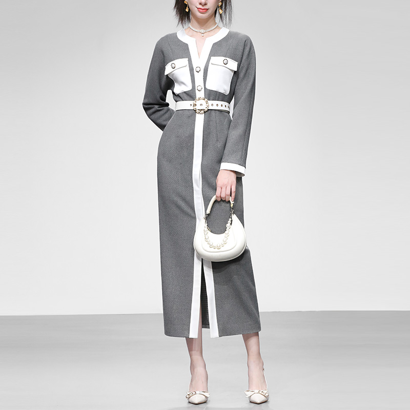 优雅气质感撞色长款毛呢连衣裙