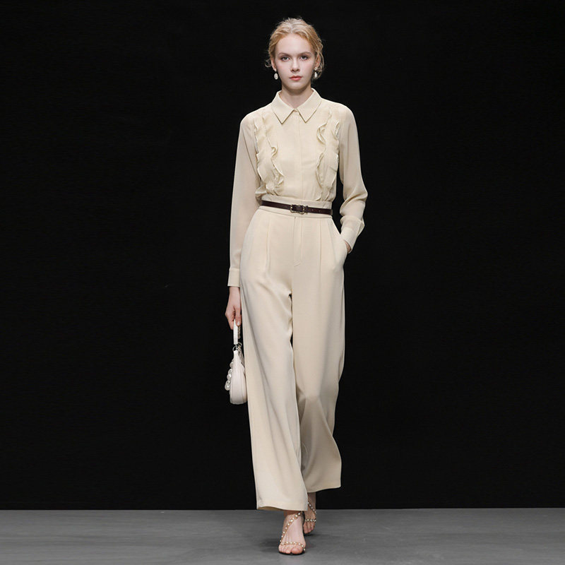 2026春季新款气质法式荷叶边设计雪纺衬衣+百搭长裤阔腿裤套装女
