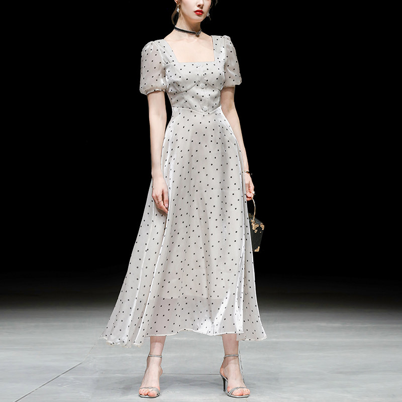 夏装2026新款女装法式波点长裙气质收腰短袖显瘦中长款连衣裙直
