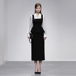 吊带荷叶摆上衣 2026春季 衬衫 翻领长袖 高腰开衩半裙三件套 新款