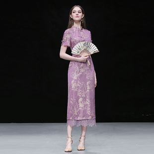 2026夏季新款新中式国风立领提花短袖收腰直筒开衩提花旗袍连衣裙