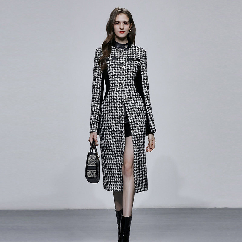 Q2025冬季时尚气质立领显瘦撞色黑白千鸟格中长款花呢大衣外套