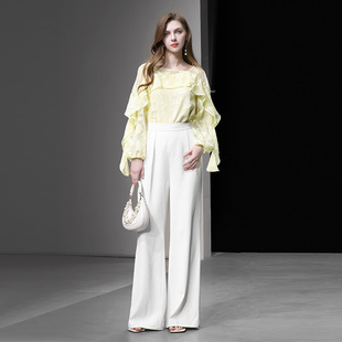 2026春季新款百搭一字肩荷叶边长袖宽松上衣+高腰长款阔腿裤套装