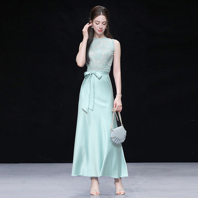 2025夏季新款气质优雅蕾丝拼接无袖收腰系带蝴蝶结设计A字连衣裙