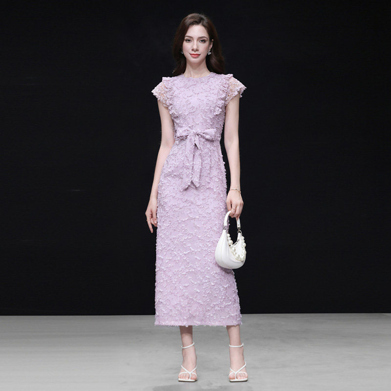 2026夏季新款圆领荷叶短袖雪纺流苏系蝴蝶结腰带收腰直筒连衣裙