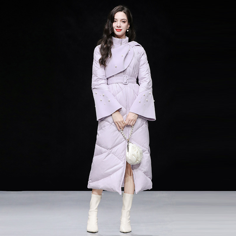 拼接双面呢珍珠紫色气质羽绒服