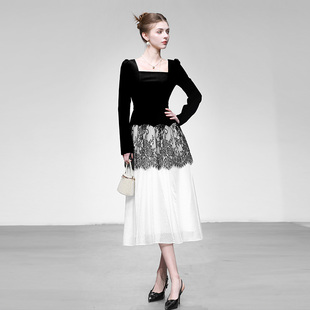 2026年春季新款法式时尚气质方领长袖收腰蕾丝撞色拼接A字连衣裙