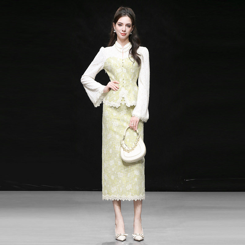 20253秋冬季新款女装时尚气质拼接蕾丝上衣高腰直筒半身裙套装