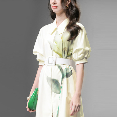 2025夏季新款气质翻领灯笼袖宽松系带定位印花鹅黄衬衣连衣裙