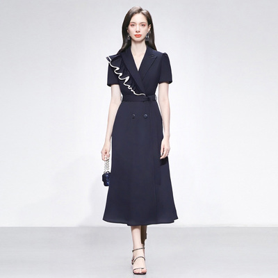 2025年夏季新款时尚气质木耳边设计腰带收腰显瘦A字连衣裙