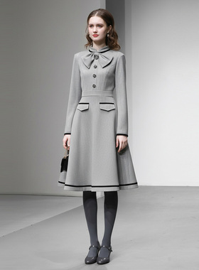 2026春季新款时尚千金风蝴蝶结设计长袖收腰A字大摆中长连衣裙女