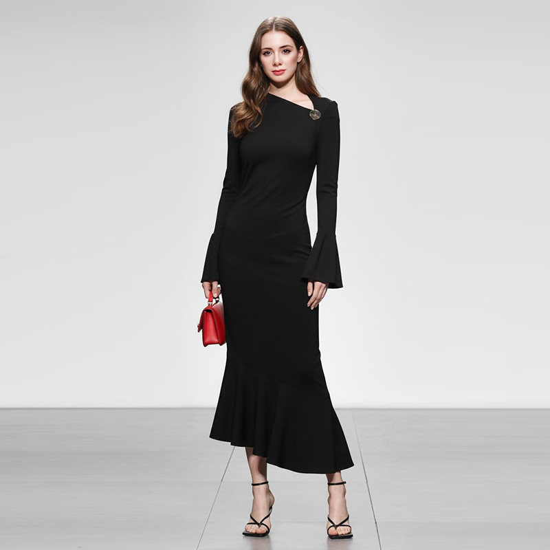 春装女装2026新款气质黑色喇叭袖修身收腰显瘦鱼尾连衣裙长裙裙子,女装/女士精品,连衣裙,淘宝优惠券,粉丝福利购,淘宝优惠卷